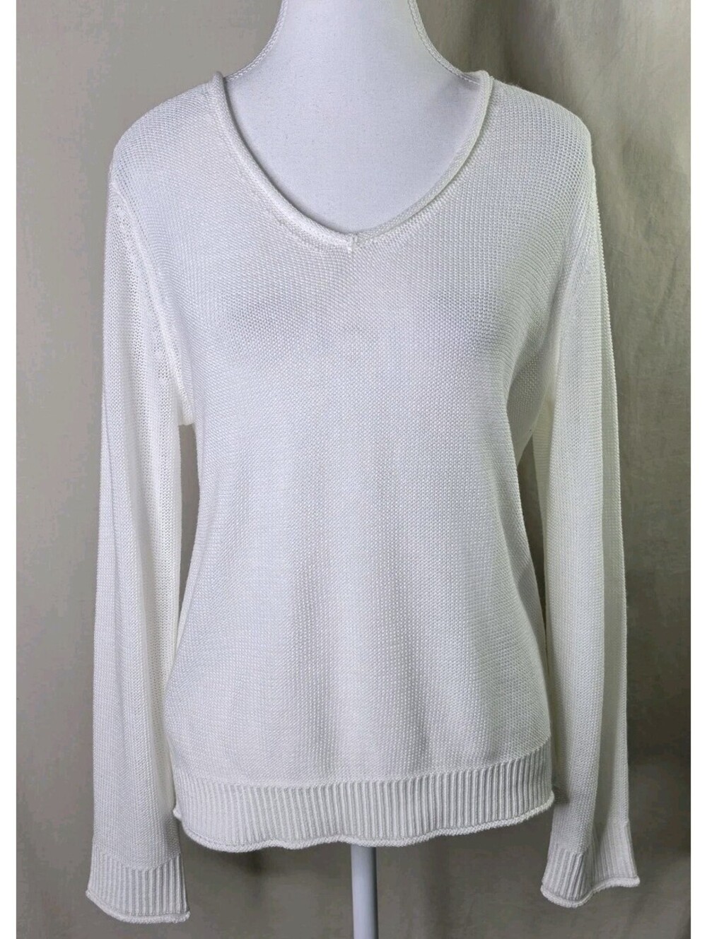 Metric Knits Linen V Neck Sweater L White Long Sleeve Textured NWT $138